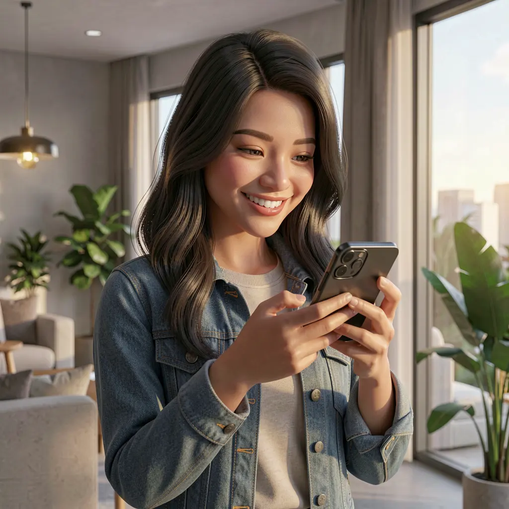 Smiling Filipino woman relaxing in a cafe while browsing games on the JILIUP7 mobile app using her smartphone