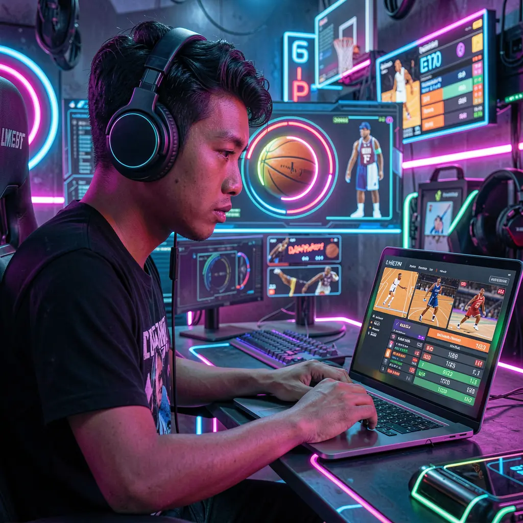 Focused Filipino bettor analyzing live basketball odds and statistics on a laptop with neon betting visuals using the JILIUP7 platform