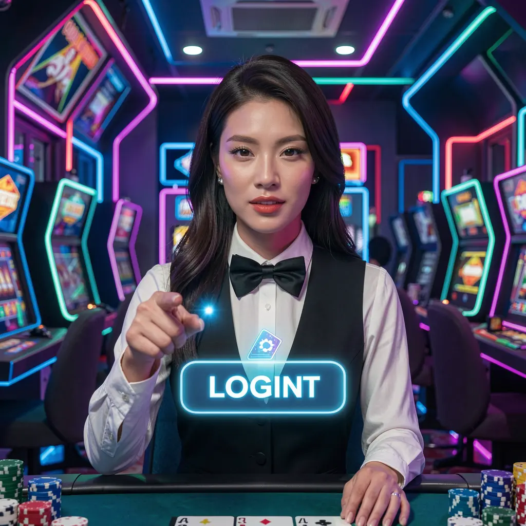Professional JILIUP7 casino dealer pointing at a glowing digital login button with neon lights in a secure online environment for players in the Philippines