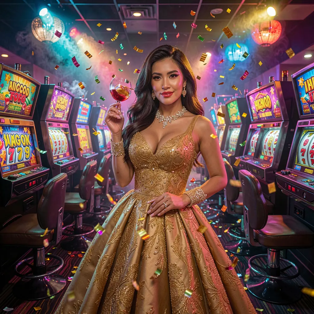 Luxury casino scene with a glamorous woman in a golden dress surrounded by bright slot machines highlighting the immersive slot experience at JILIUP7 Philippines